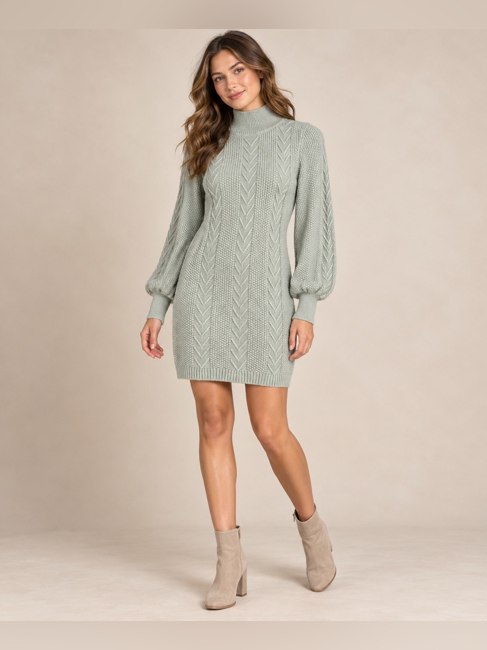 Lulus Thankful Thoughts Sage Cable Knit Balloon Sleeve Sweater Dress XS